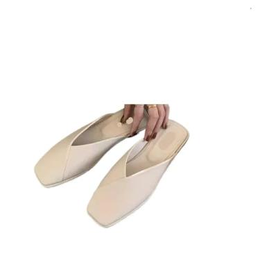 Imagem de Pantufas femininas femininas externas sandálias femininas planas casuais de bico quadrado sandálias femininas planas ao ar livre (bege, 4GG)
