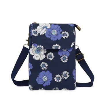 Imagem de WisePoint Bolsa feminina transversal de algodão, estampa floral, bolsa de telefone com 5 bolsos, alça ajustável para viagens, Azul, Small, Casual