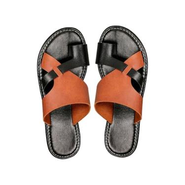 Imagem de GORGLITTER Sandálias femininas com bloco de cores, bico aberto, anel, couro, elegante, para férias na praia, Preto e marrom, 38