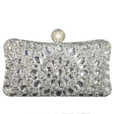 Imagem de Boutique De FGG Bolsa clutch de cristal com fecho de pérola para mulheres, bolsas de noite, bolsa de mão de casamento, festa, strass, mini, Prata sólida, Small