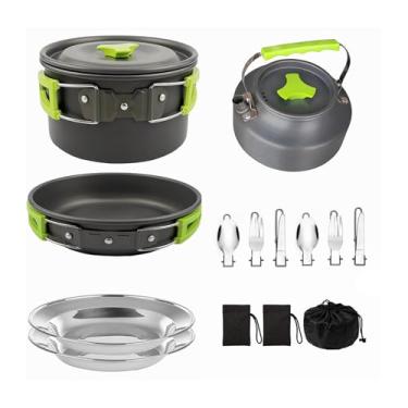 Imagem de Conjunto de panelas de acampamento antiaderente leve portátil panela chaleira placas de aço inoxidável utensílios para cozinhar ao ar livre acampamento caminhadas mochila (Verde)