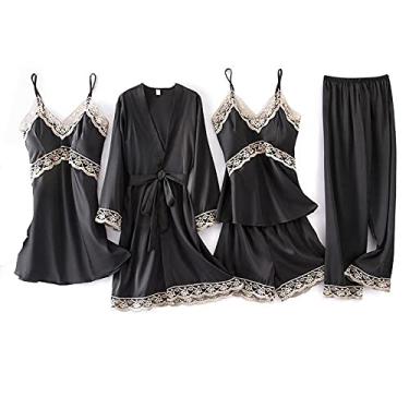 Imagem de HHHJQFAAT Pijama feminino de cetim curto quimono robe pijama vestido lingerie de renda conjunto roupão de banho camisola G preto 4 peças (preto 4 peças)