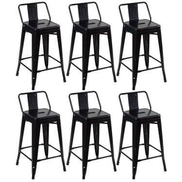 Imagem de Kit 6 Banquetas Altas Industriais Pretas em Aço 76cm com Encosto – Modelo Iron Tolix