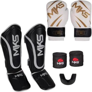 Imagem de Luva Muay Thai Champion Branca/Dourada + Caneleira Muay Thai Prospect 