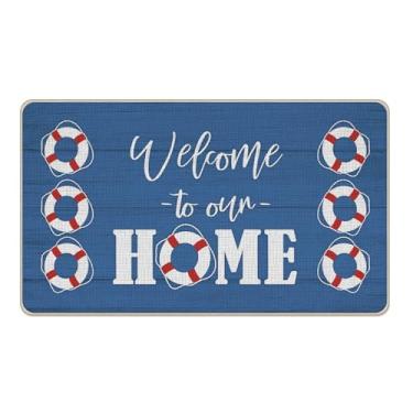 Imagem de Livcoz Tapete de porta da frente Nautical Welcome to Our Home, tapete decorativo de boia salva-vidas de praia costeira, tapete de entrada antiderrapante, perfil baixo, decoração de cozinha de casa de
