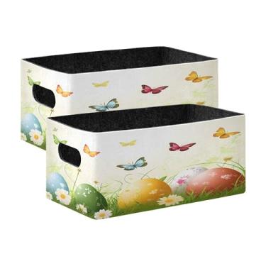 Imagem de xigua Conjunto de 2 caixas de armazenamento de ovos de Páscoa, cubo de armazenamento dobrável, organizador de cestas de armazenamento para livros, prateleiras, armário, lavanderia, berçário