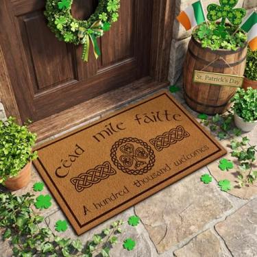 Imagem de Dunzy Tapete de boas-vindas irlandês Dia de São Patrício, decoração irlandesa, Céad Míle Fáilte, tapete de boas-vindas celta imitação de coco, tapete de porta cem mil boas-vindas para entrada de casa