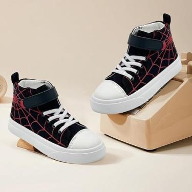 Imagem de Tênis infantil para meninos e meninas, cano alto, de lona, com gancho e laços, leve, desenho animado, casual, antiderrapante, tênis de caminhada, preto/vermelho, Linha preta/vermelha, 13 Little Kid