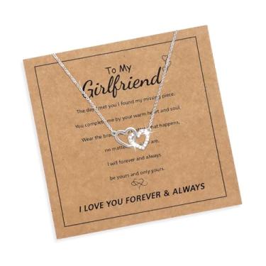 Imagem de Agriajun Colar feminino com pingente de coração de amor duplo para namorada, presente de zircônia cúbica, branco, dourado, prata, strass, para sempre, dia dos namorados, Natal, aniversário, formatura