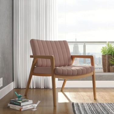 Imagem de Poltrona Decorativa Uxuá Escritório Recepção Linho Rosê Pés De Madeira