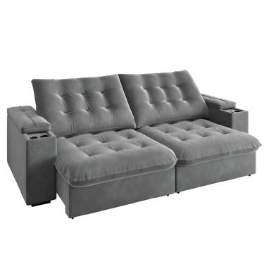 Imagem de Sofá Retrátil E Reclinável 3 Lugares 2,30m Com Porta Copos Veludo New Coliseu Selmer Cinza Cinza