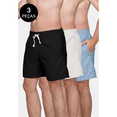 Imagem de Kit 3 Shorts Linho Bermudas Masculino Praia Premium Preto, Azul e Off-White-Masculino