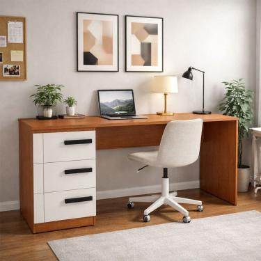 Imagem de Mesa para Escritório Lisboa 3 Gavetas Creme/Freijó - Politorno