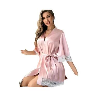 Imagem de Roupão Kimono Elegante De Cetim Com Renda Para Mulheres, Decote Em V, 