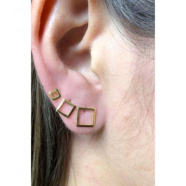 Imagem de Trio de Brincos Quadrados Floratta Joias Banhado em Ouro 18K Dourado Pequeno Médio e Grande