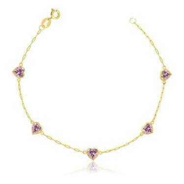 Imagem de Pulseira Feminina Ouro 18k Pedras Coração De Zircônia 5mm - Paulistana