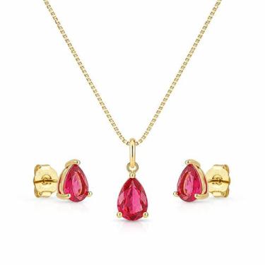 Imagem de Conjunto Colar e Brincos Zircônio Gota 0,9cm Banhado a Ouro 18k - Atra