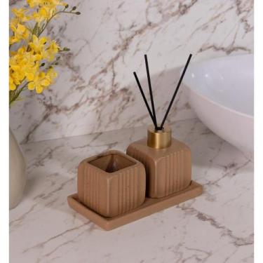 Imagem de Conjunto Difusor com Porta Vela e Bandeja Slate Marrom Cerâm - Lyor