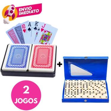 Imagem de Kit Baralho Duplo 108 Cartas 100% Plástico E Dominó De Osso 28 Peças G