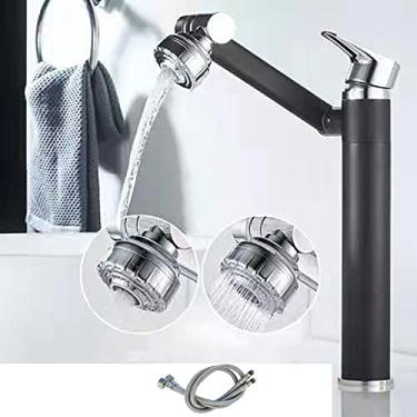 Imagem de Torneira de pia de banheiro giratória misturador de convés montagem à prova de respingos torneira de água cabeça de chuveiro torneira para acessórios de banheiro, mangueira l prata preta, china