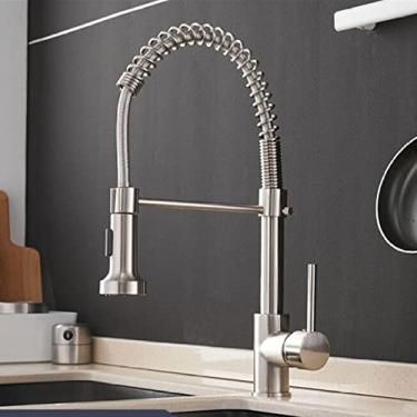 Imagem de Torneiras de cozinha escova torneiras de bronze para pia de cozinha de alavanca única bica de mola misturadores torneira de água quente e fria guindaste, níquel escovado, china