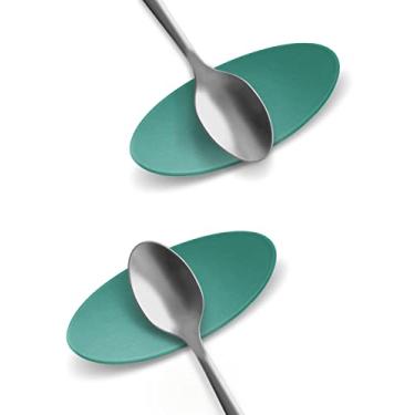 Imagem de Carrotez Descanso para colher de café de silicone pequeno 2 peças (0,5 x 4,1 x 9,5 cm), suporte para colher em forma de amêndoa flexível para perto da máquina de café – Descanso para utensílios de cozinha, esmeralda