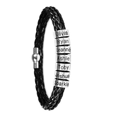 Imagem de SOULSIS Pulseira masculina personalizada preta trançada de couro com 1-9 nomes gravados em contas personalizadas pulseira de identificação personalizada para homens, charm, Couro