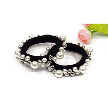 Imagem de Suoirblss 5 peças de elásticos de cabelo de beleza com elegantes e belas imitação de pérolas laços de cabelo tiras de cabelo grandes rabo de cavalo nós elásticos suportes de cabelo pulseira elástica, A#