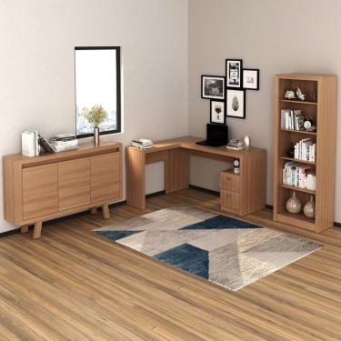Imagem de Conjunto Home Office 3 Peças com 1 Mesa para Escritório em L 1 Balcão e 1 Estante Tecno Mobili Amendoa