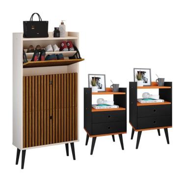 Imagem de Kit Sapateira Vertical 3 Gavetas Basculantes Dark Off White/Ripado e 2 Mesinhas Canto Quarto Nicho Decorativo Dream Preto/Cinamomo RPM