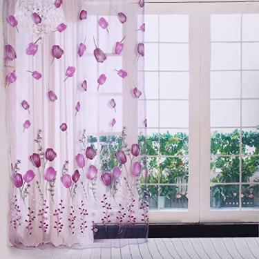 Imagem de Cortina de tule, cortina de impressão de tule - 100 x 200 cm cortina transparente colorida decoração de janela de varanda, cortinas de tule para cozinha, quarto e sala de estar (roxo)