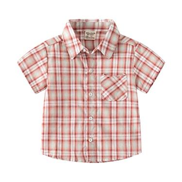 Imagem de Camisa de menino 5t manga longa infantil flanela jaqueta xadrez manga curta lapela botão shacket meninos camisetas, Vermelho, 2-3 Anos