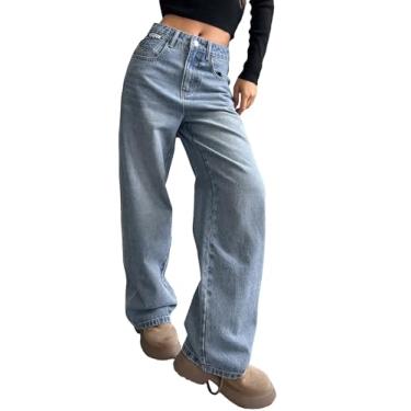 Imagem de SOLY HUX Calça jeans feminina de cintura alta com bolso de perna larga calça jeans streetwear, Lavagem média, G