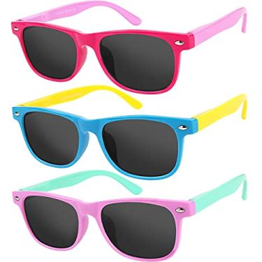 Imagem de Yogo Vision Óculos de sol infantis com armação polarizada para meninos e meninas (pacote com 3 idades 3-10), Lente fumê com armação vermelha e rosa, armação azul amarela, lente fumê com armação rosa e verde, 39-17-130