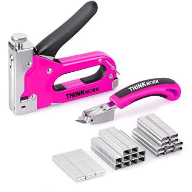 Imagem de THINKWORK Pistola de grampo resistente, pistola de grampos rosa 3 em 1 para estofados com 900 grampos, pistola de pregos para madeira, cabo, tecido, parede, reparo de material, grampeador manual DIY