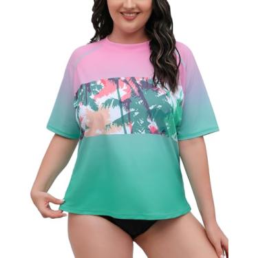 Imagem de Halcurt Roupa de banho feminina plus size Rash Guard camisa de sol com proteção UV apenas, Estampa turquesa rosa ombré, 2X