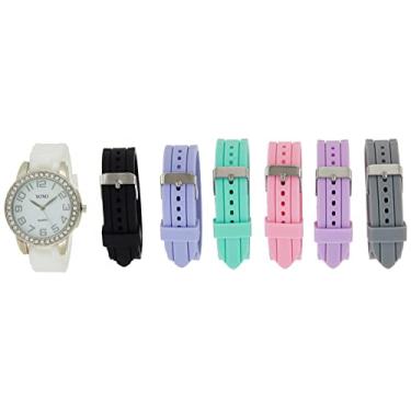 Imagem de Relógio analógico feminino XOXO prateado com bisel de cristal – 7 pulseiras de silicone intercambiáveis – Relógio de quartzo elegante com ajuste ajustável – Caixa pronta para presente, Branco, Relógio