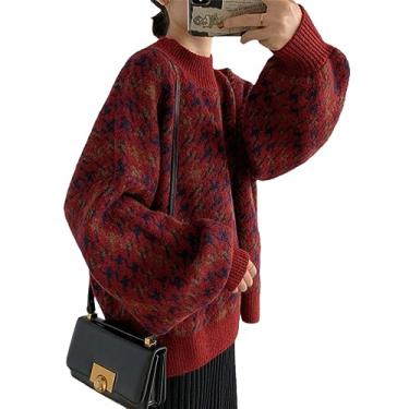 Imagem de Suéter de inverno tricotado xadrez casual vintage suéter feminino solto manga longa pulôver feminino, Vermelho, M