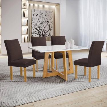 Imagem de Conjunto Mesa Arizona 120cm com 4 Cadeiras Canela Tampo Smart Plus com Vidro Cinamomo/Off White/Marrom