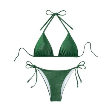 Imagem de COZYEASE Maiô feminino sexy de duas peças, biquíni metálico, cintura alta, frente única, maiô feminino, Verde, G