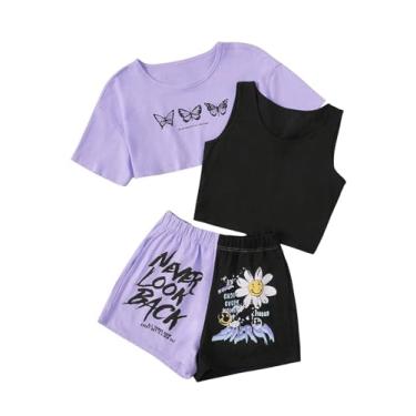 Imagem de Floerns Conjunto de 3 peças para meninas, camiseta regata e shorts com estampa gráfica, Roxo lilás, 8-9 Anos