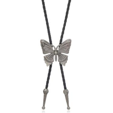 Imagem de AZORA Western Cowboy Bolo Gravata masculina de couro com pingente de corda e pingente de joia trançada para homens, meninos e meninas, Bl040-borboleta prata, adjuatable