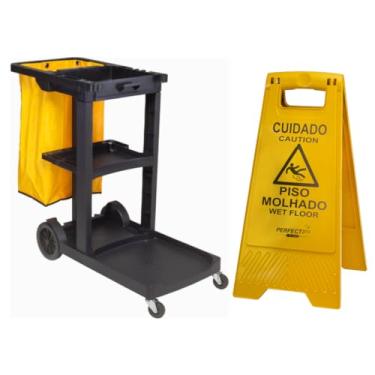 Imagem de Perfect Pro, Carro de Limpeza Funcional Basic Black, Com Rodas, Acompanha Placa de Sinalização - Preta