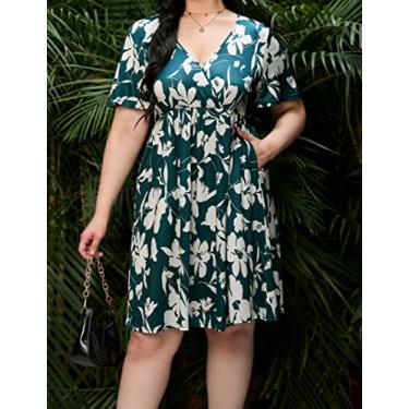 Imagem de ShopWonder Vestido plus size feminino, gola V, evasê, comprimento até o joelho, vestido rodado, plus size, minivestido de festa, Flor grande verde-escuro, XGG