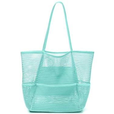 Imagem de KPX Bolsa de praia de malha, sacola feminina grande, dobrável, de malha, com bolsos, à prova de areia, impermeável, Estilo azul 2