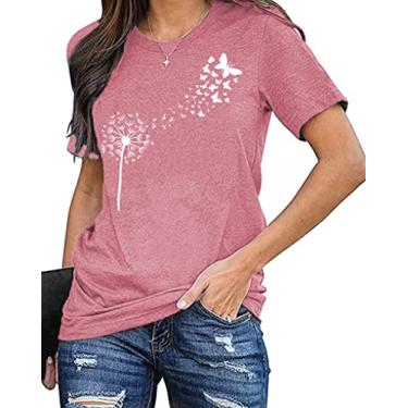 Imagem de Camiseta feminina de dente-de-leão com estampa de flores silvestres e flores de verão, rosa, GG