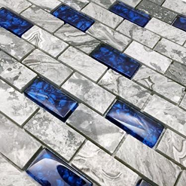 Imagem de Azulejo de metrô de vidro misto de pedra 1 x 2 mosaico cinza polido e azul real para cozinha e parede de banheiro mini mosaicos de tijolos de mármore natural para chuveiro (5 pés quadrados)