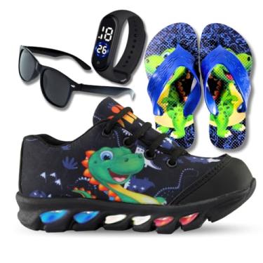 Imagem de Genérico, tenis de led infantil masculino dinossauro com luzinha meninos mais chinelo com relogio e oculos Cor:Preto;Tamanho:21