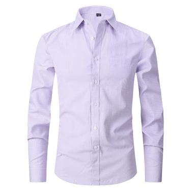 Imagem de Camisas masculinas, camisa clássica xadrez lisa de algodão elástico manga comprida slim fit, camisa casual de negócios para festa de casamento com botão de trabalho,40,Pink