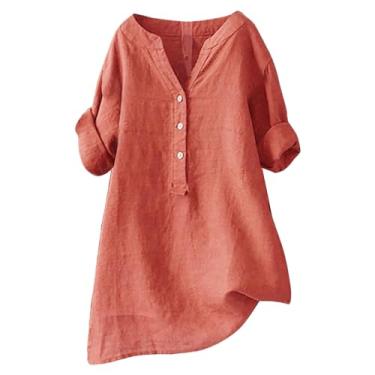 Imagem de 2024 Camisas de linho grandes femininas Henley gola abotoada blusas sensuais confortáveis manga 3/4 camisas soltas, Laranja, 5XG